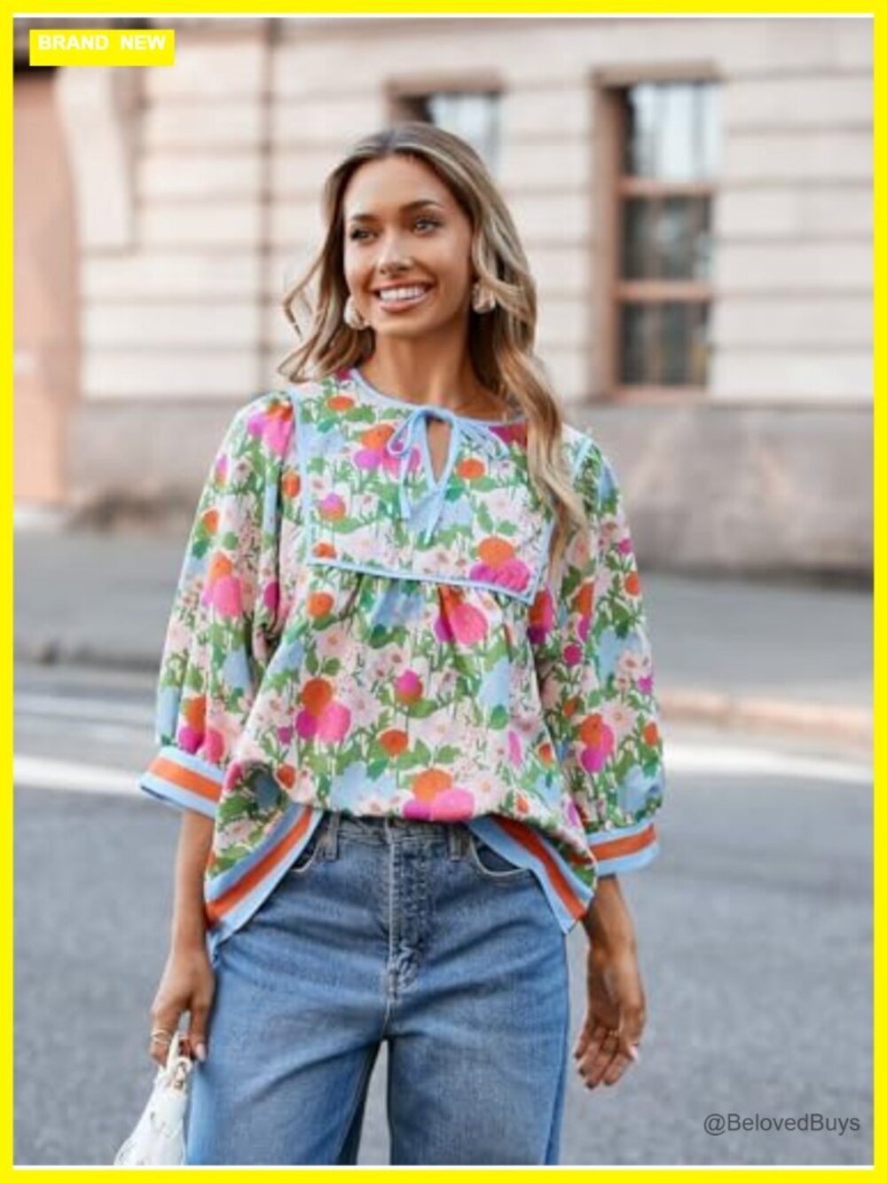 Floral Print Babydoll Blouse V Neck 3/4 Sleeve Peplum Top Casual Loose Fit Boho - Picture 5 of 7